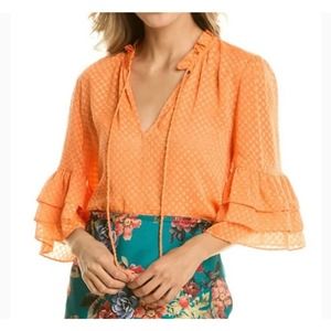 New Alice + Olivia Mona Julius Ruffled Sheer Blouse Orange Medium MSRP $295